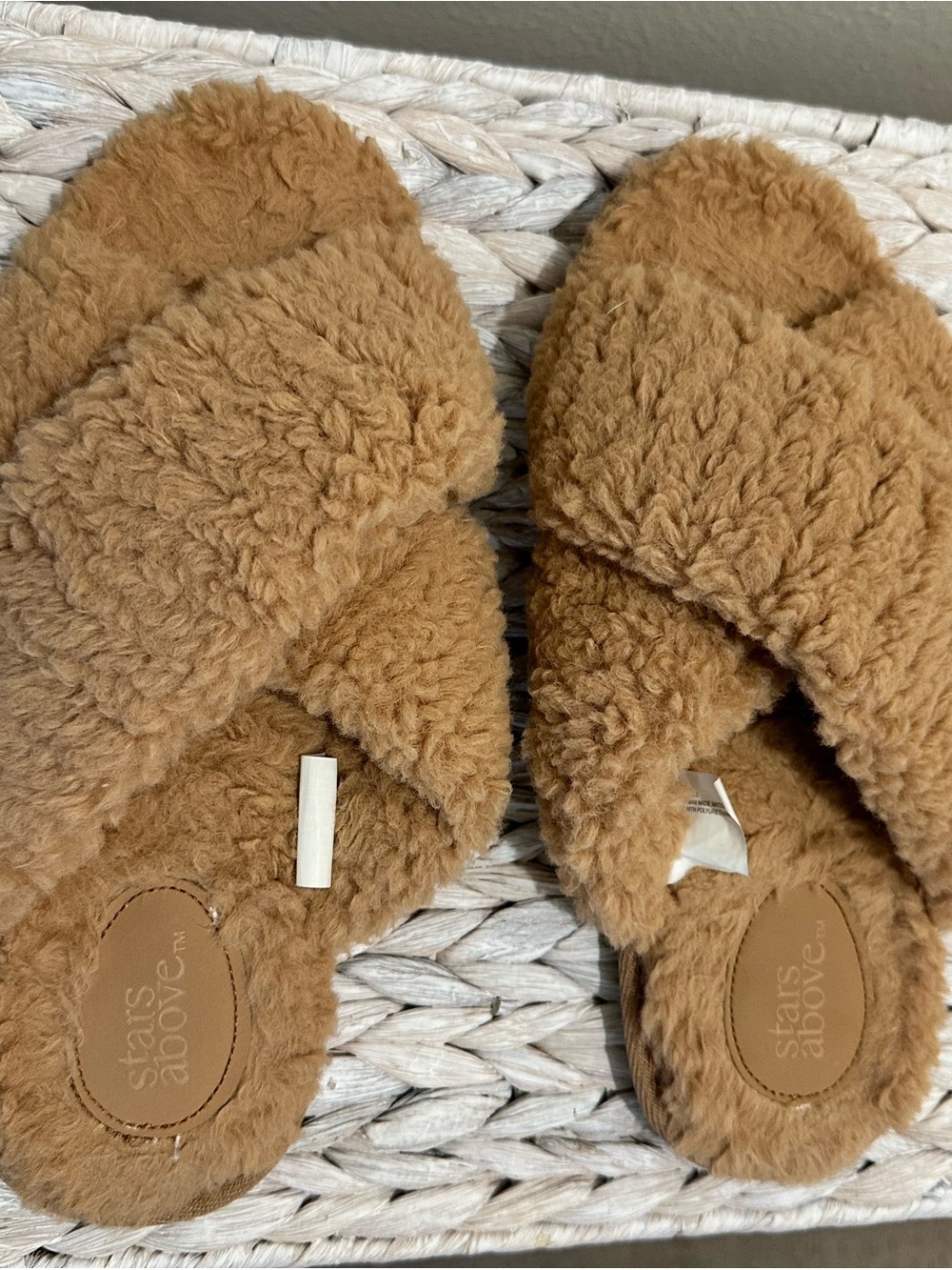 stars above Cozy Tan Faux-Shearling Crossband Slippers